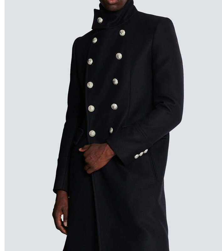 Mantel panjang klasik untuk pria, jaket hanya bisnis jaket mantel panjang kancing depan dua baris, mantel wol pas badan warna polos untuk pria