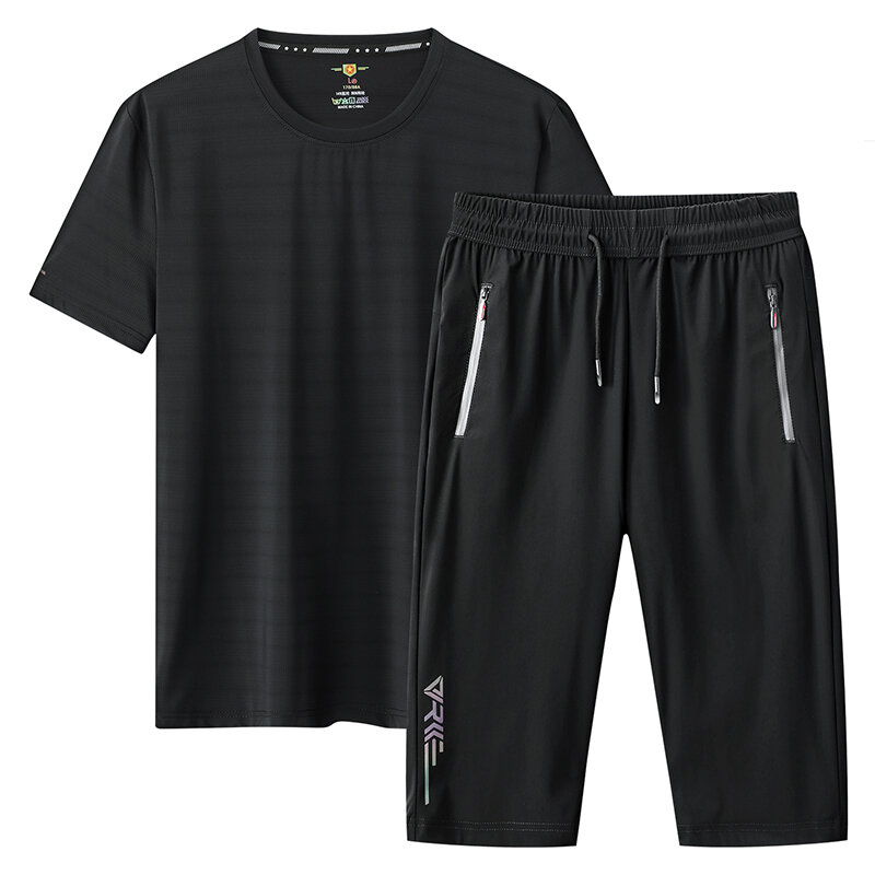 남자 여름 Tracksuit 캐주얼 패션 티셔츠 아이스 실크 슈퍼 부드러운 2 조각 세트 티셔츠와 자른 반바지 L-8XL