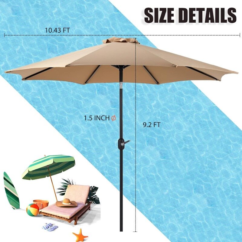 Parapluie avec bouton-poussoir inclinable et manivelle, protection UV, étanche, extérieur, cour, table de marché, 9 pieds