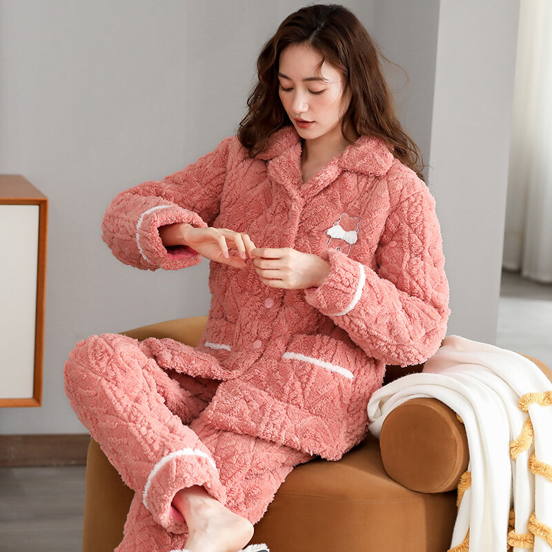 Winter Thick Coral Fleece Quilted Women Pajamas Sets  Female Flannel Warm Sleepwear Home Clothing