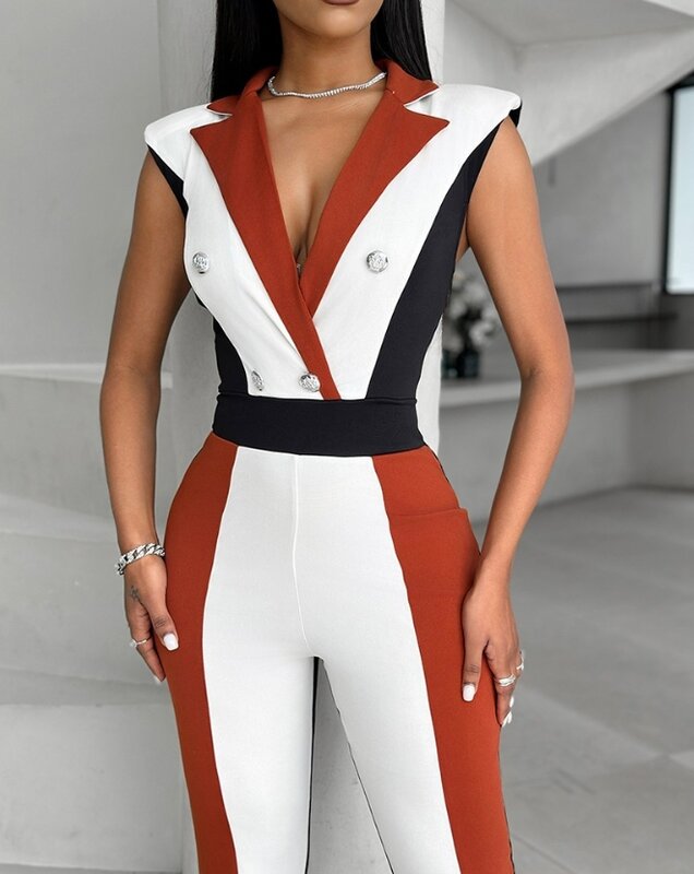Y2K Jumpsuit Blazer untuk wanita, Jumpsuit kerja pinggang tinggi penyambungan kaki lebar kancing dua baris, blok warna leher V Musim Semi 2024