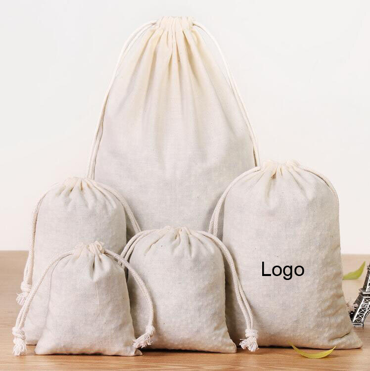 50pcs / Pack sac en coton naturel grand cordon cadeau sac fête Noël emballage accueil sac de rangement sac de rangement logo personnalisé