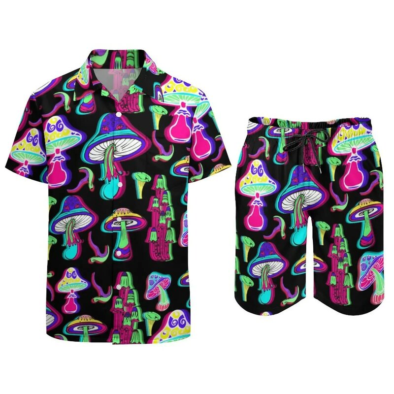 Conjuntos impressos de cogumelo mágico psicodélico masculino, camisa casual com impressão 3D, shorts de praia, ternos de férias grandes, conjunto havaiano 2 peças