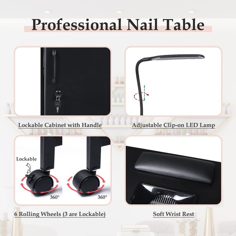 Manicure Nail Desk com coletor de poeira, Prego Mesa para Técnico, Quadro de Ferro com 4 Grandes Gavetas, Lâmpada LED