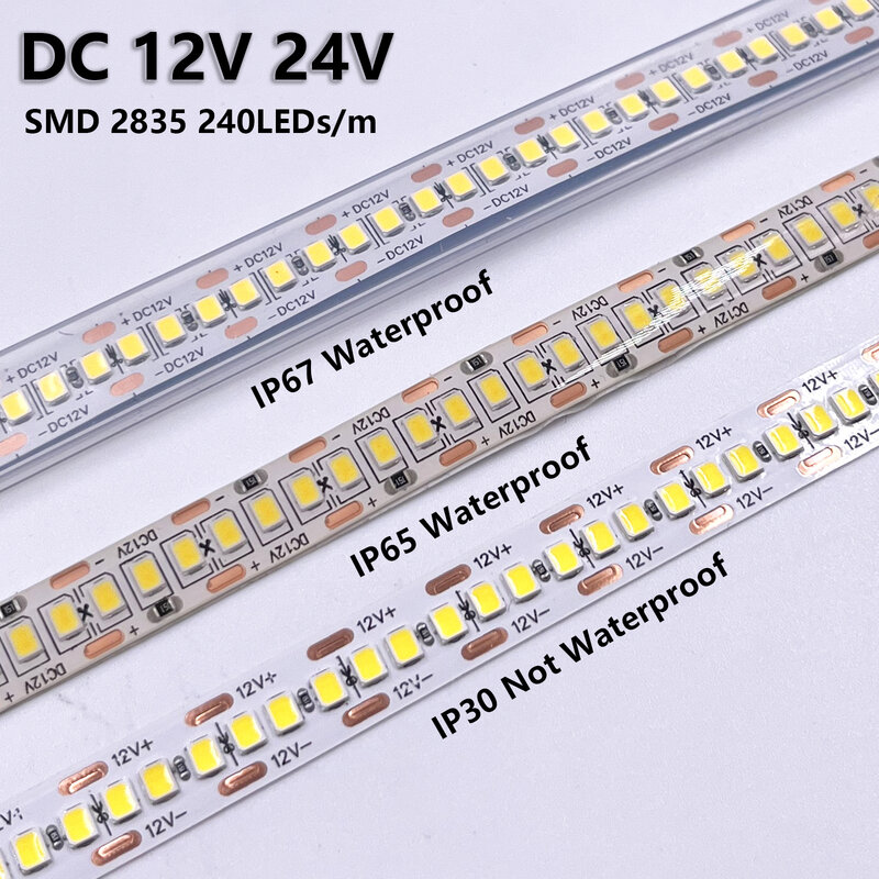5M 1200LED 스트립, DC 12V 24V 2835 SMD 240LED/m 방수 IP30 IP65 IP67 LED 테이프, 유연한 LED 조명 스트립, 화이트 웜 화이트