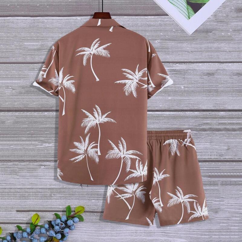 Костюм мужской из кокосового дерева, рубашка и шорты с эластичным шнурком на талии, повседневный пляжный Гавайский костюм из полиэстера, на лето