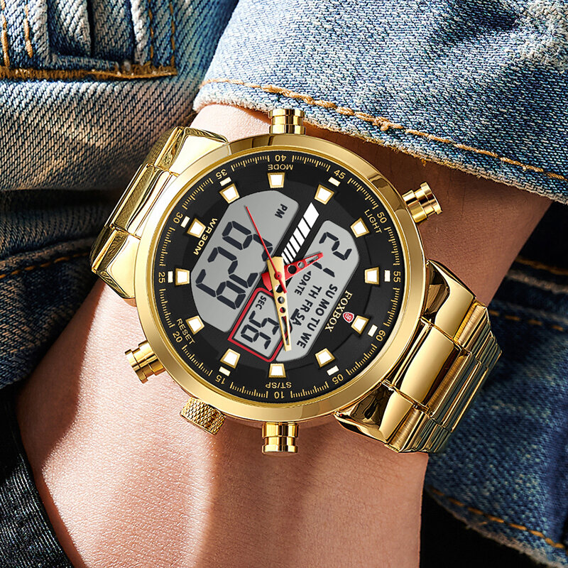 FOXBOX 남성용 시계, 스테인리스 스틸 스포츠 크로노그래프 시계, 럭셔리 야광 쿼츠 시계, 최고 브랜드