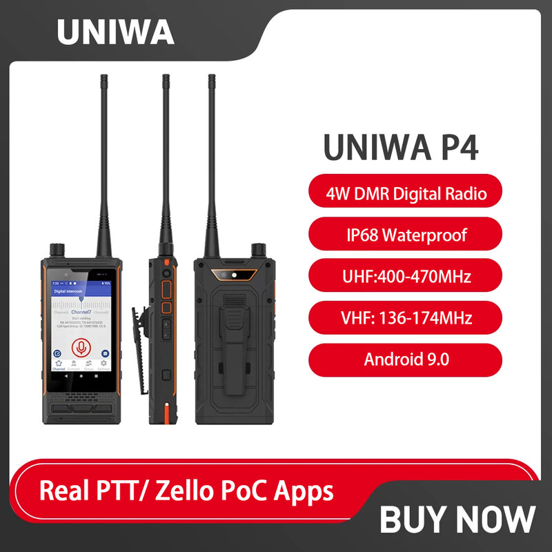UNIWA 4W 젤로 워키토키 스마트폰, 안드로이드 9, IP68 방수, UHF, VHF, DMR, PTT 4GB + 64GB, 라디오 젤로 4G 휴대폰 모두 사용, P4