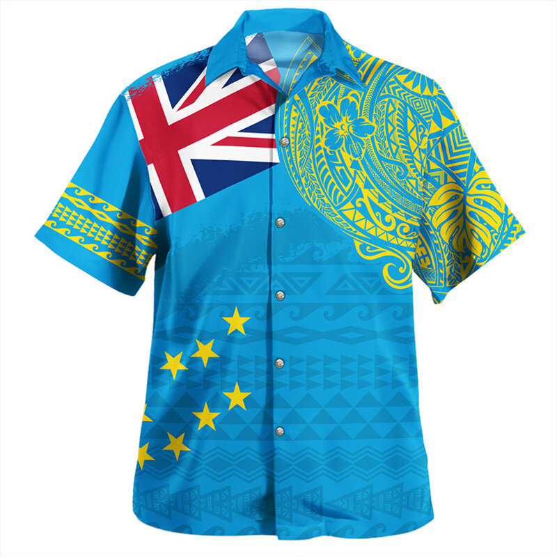 Vintage Summer 3D Polynesian Tuvalu Emblem Printed Shirts Tuvalu Flag Graphic Short Shirts Men Fashion Streetwear Shirts Blouses