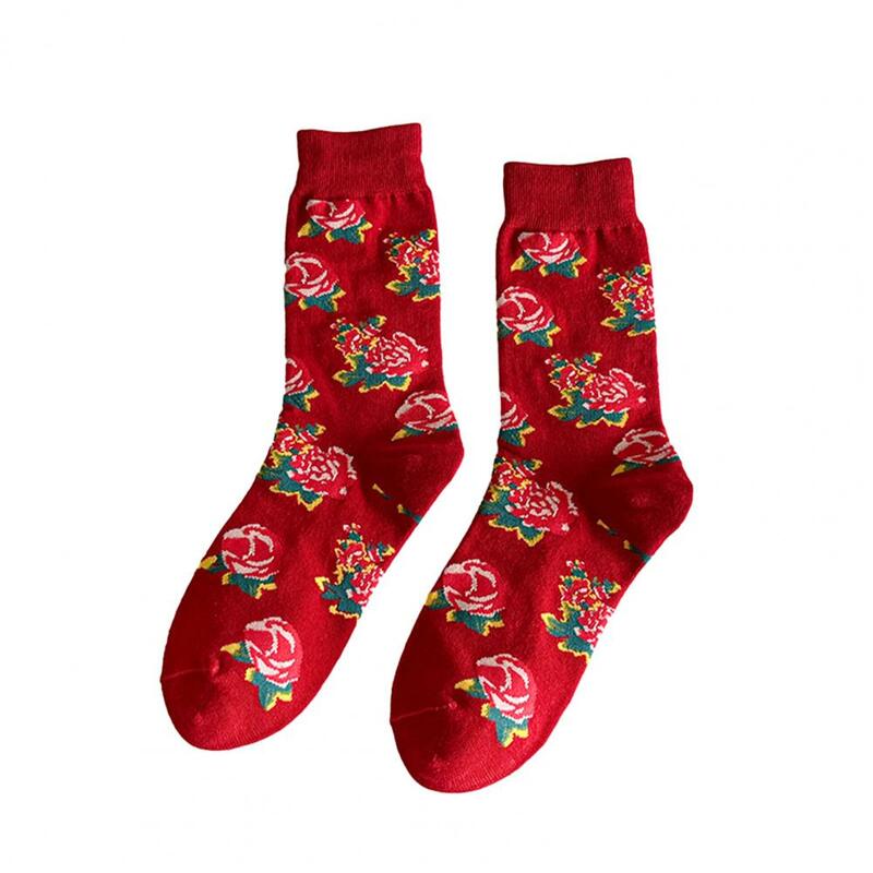Medias de diseño de moda para hombre y mujer, calcetines de tubo medio con estampado de flores del sudeste chino, suaves y transpirables, antideslizantes para Año Nuevo