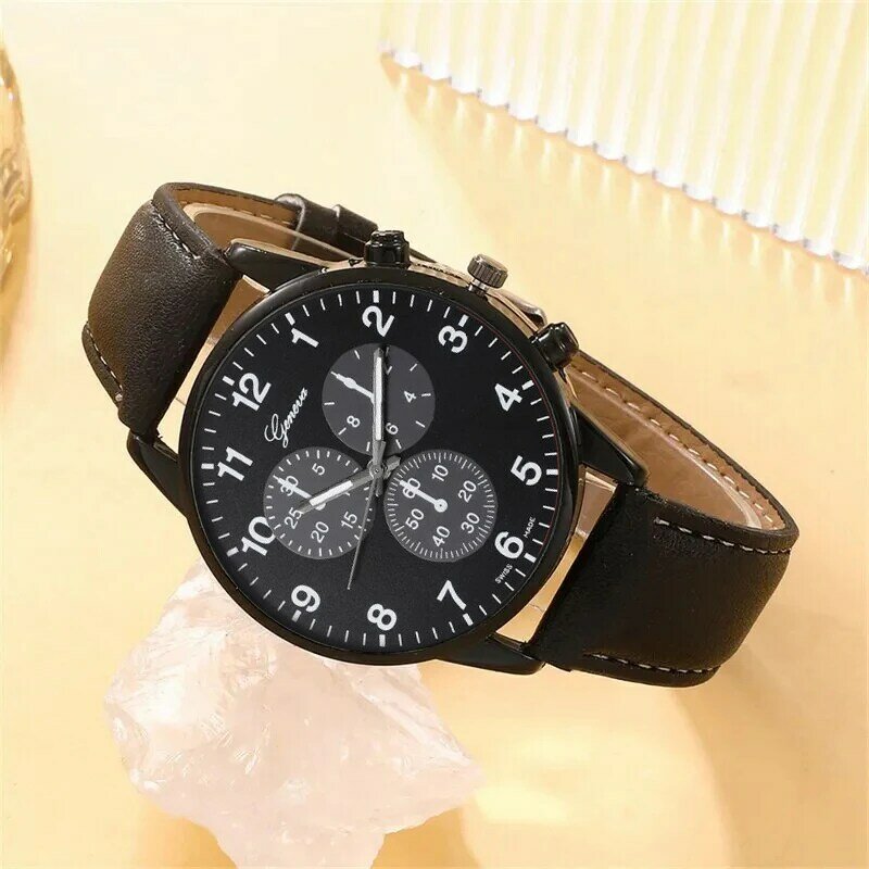 Relógio de pulso quartzo de couro preto masculino, colar com pulseira frisada, relógios de negócios, moda casual, 3 peças