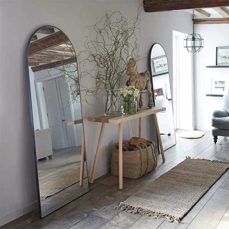 Espejo arqueado de longitud completa, espejo de piso con soporte, espejo de pared arqueado, espejo moderno de longitud completa con marco de madera, 65 "x 22"