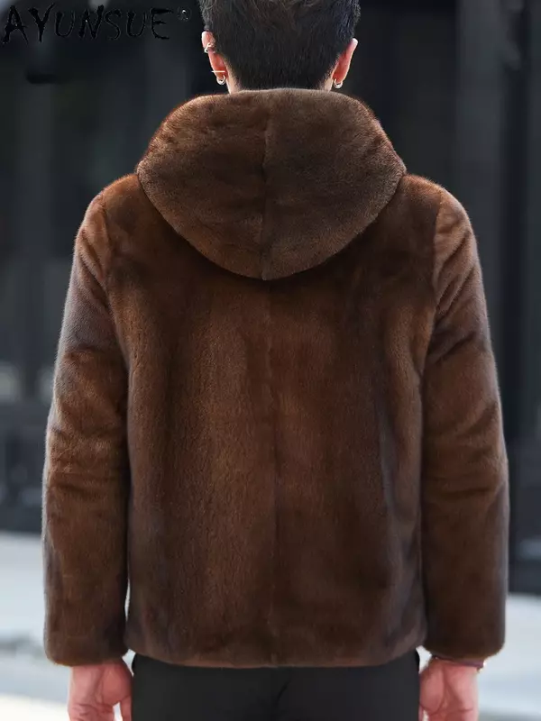 Ayunsue-男性用のナチュラルファーコート,本物のミンクの毛皮のジャケット,フード付き衣服,ハイエンド,ビジネス,カジュアル,冬