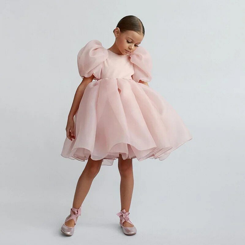 Fashion Girl Princess Vintage Dress Tulle Child Vestido Puffy Sleeve Pink Wedding Party Birthday Tutu Dress Child Clothes 1-14