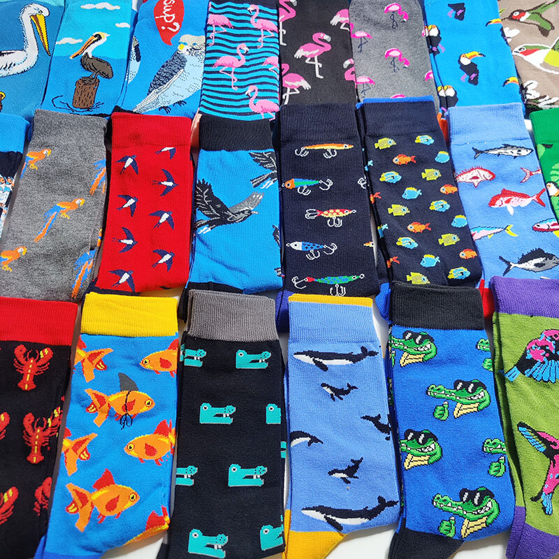 58 Style Cartoon Men Socks Fish bird parrot shark Theme Cotton Novelty Funny Hip Hop Trend Street Long Socks