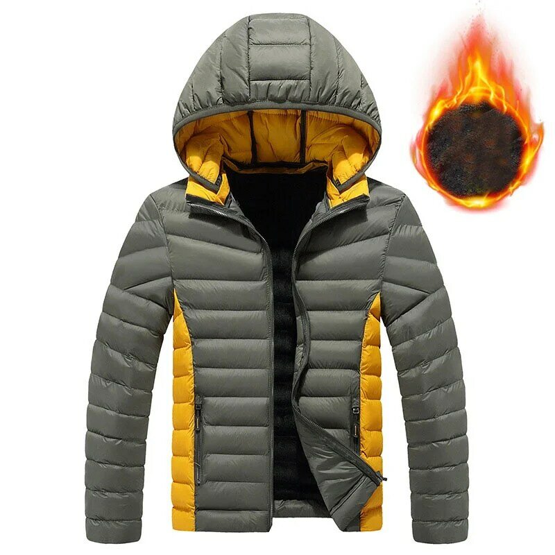 Jaket bulu tebal berkerudung pria, mantel katun empuk Down tahan angin luar ruangan parka hangat bulu tebal musim dingin untuk pria