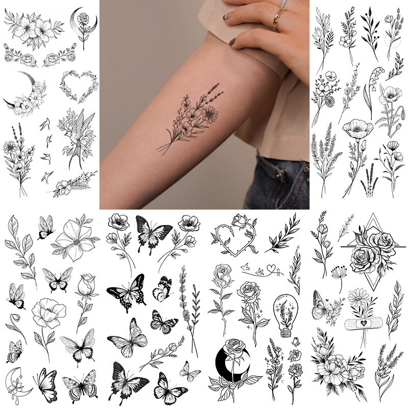 Tato temporer kupu-kupu bunga hitam untuk wanita, stiker tato palsu tanaman liar DIY seni wajah dan tubuh tato tahan air
