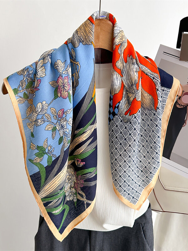 Écharpe de cou de campagne française, fine plante, fleur, coton, lin, sensation de main, velours, nouveau, 65x65cm