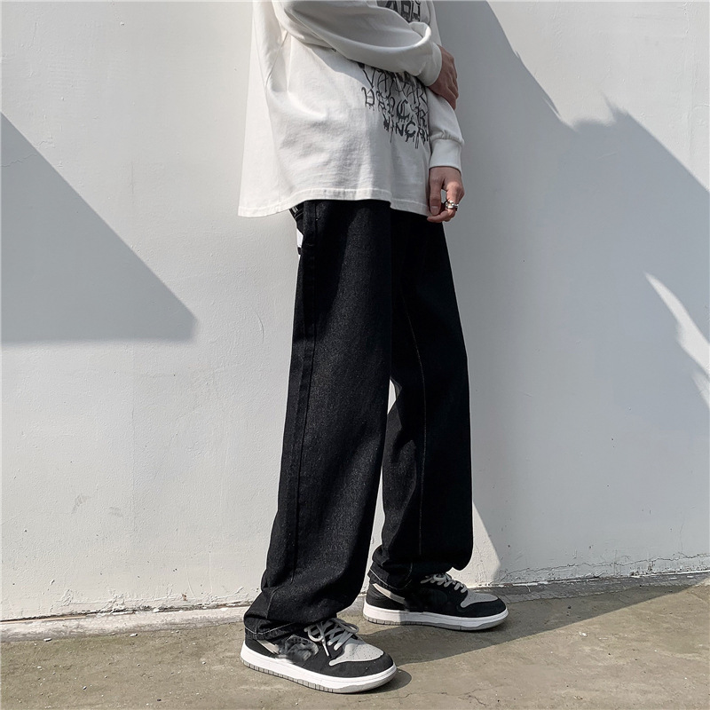 Celana panjang Jeans bercetak pria, bawahan Denim hitam longgar kaki lurus gaya Korea musim semi Y2K