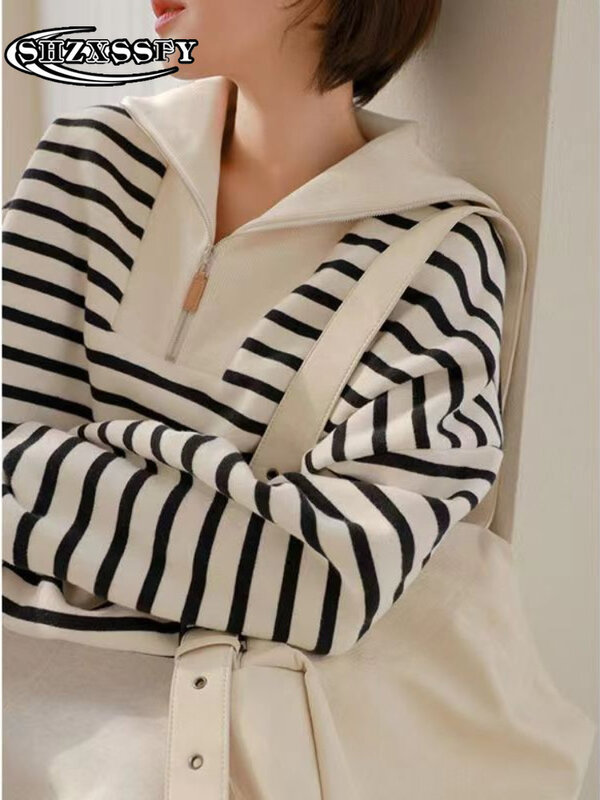 Maglione oversize donna Stripe Casual Warm dolcevita da donna autunno inverno Pullover da donna con cerniera maglione lavorato a maglia donna 2023