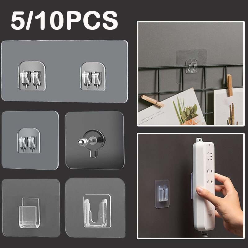 5/10pcs Wall Adhesive Hooks Transparent Wire Shelf Rack Hook Wall Mount Free Punch Kitchen Bathroom Non Trace Stickers Holder