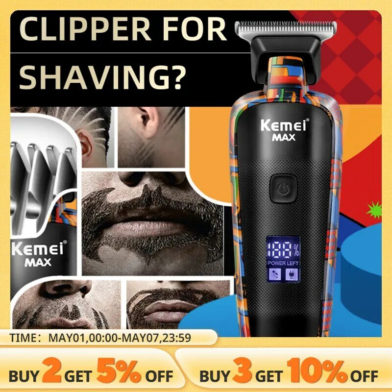Kemei-5090 alat cukur pria, mesin pencukur rambut dengan tampilan Digital profesional untuk pria, gunting rambut bolak-balik, pola grafiti acak elektrik