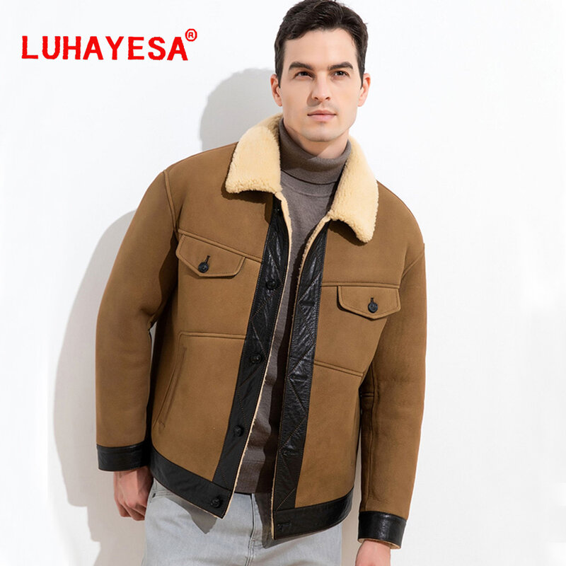 2022 LUHAYESA высококачественная одежда из овечьей кожи, мужская куртка из натурального меха, зимняя верхняя одежда цвета шампанского из натуральной кожи
