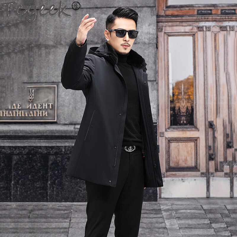 Tcyeek-jaqueta masculina preta de comprimento médio, casacos de pele de coelho Rex, colarinho de pele de vison, parka quente, moda coreana inverno