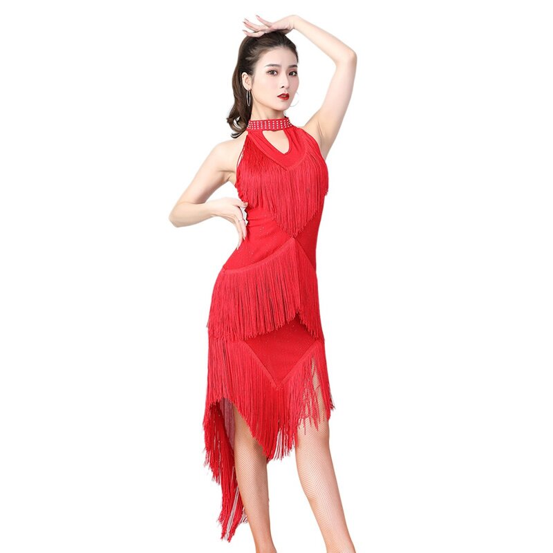 Vestido feminino de dança com lantejoulas, vestido franja elegante, monocromático