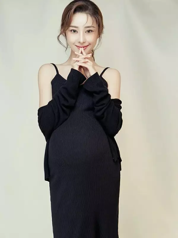 Nowa odzież fotograficzna ciążowa fotografia studyjna fotograficzna seksowna czarna dzianinowa odzież sukienka na szelkach ciążowa