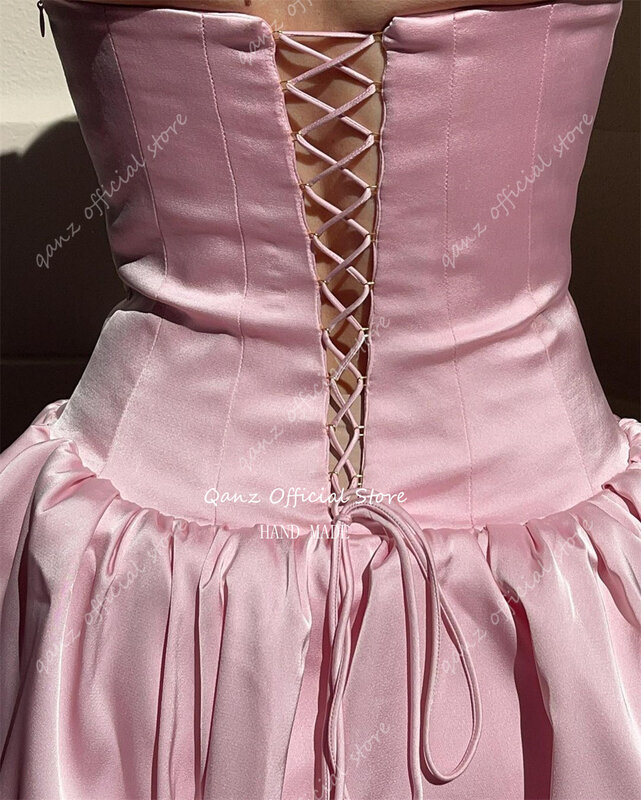 Qanz-Vestido corto de satén sin tirantes para niña, minivestido de cóctel, línea A, con cordones en la espalda, color rosa