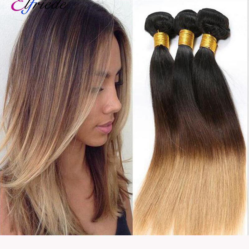 Elfria-Straight Ombre Colored Feixes de cabelo humano, 100% extensões de cabelo humano, costurar em Wefts, ofertas # 1B, #27, 3, 4