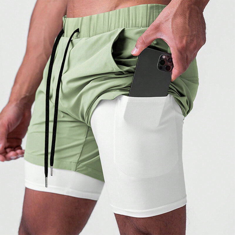 กางเกงออกกำลังกายขาสั้นสำหรับผู้ชายกางเกงฟิตเนสวิ่งออกกำลังกายแบบ2-in-1สำหรับกางเกงวิ่งฤดูร้อน