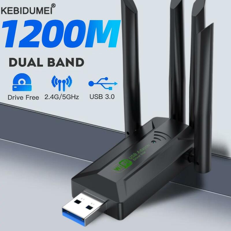 Adaptador wifi USB de doble banda, receptor de tarjeta de red, 1200Mbps, 2,4 GHz, 5GHz, 4 antenas, PC, Mini ordenador, 600Mbps