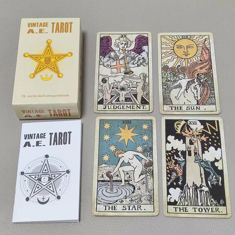 10.3*6cm Antik A.E. Kartu Tarot untuk pemula, 78 buah kartu Tarot dengan buku panduan