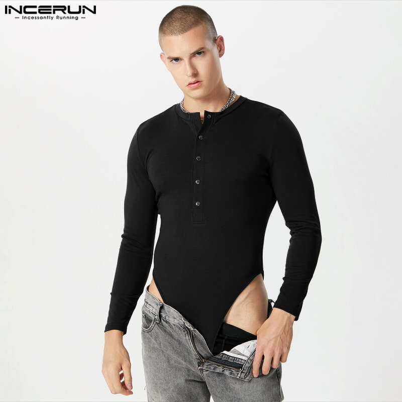 Incerun-Men's o الرقبة طويلة الأكمام زر السروال القصير ، أحادية اللون داخلية ، اللياقة البدنية الشارع الشهير ، دافئ ملابس داخلية غير رسمية ، ذكر موضة ، S-5XL