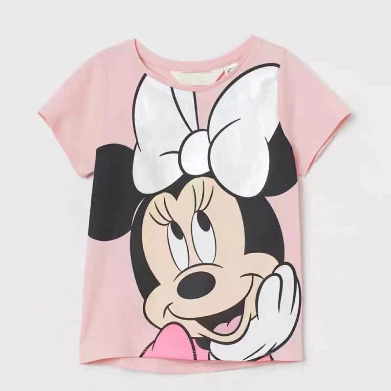 Футболка с принтом Минни, рубашка с круглым вырезом для маленьких девочек, модные простые милые топы с коротким рукавом, Детская мультяшная одежда
