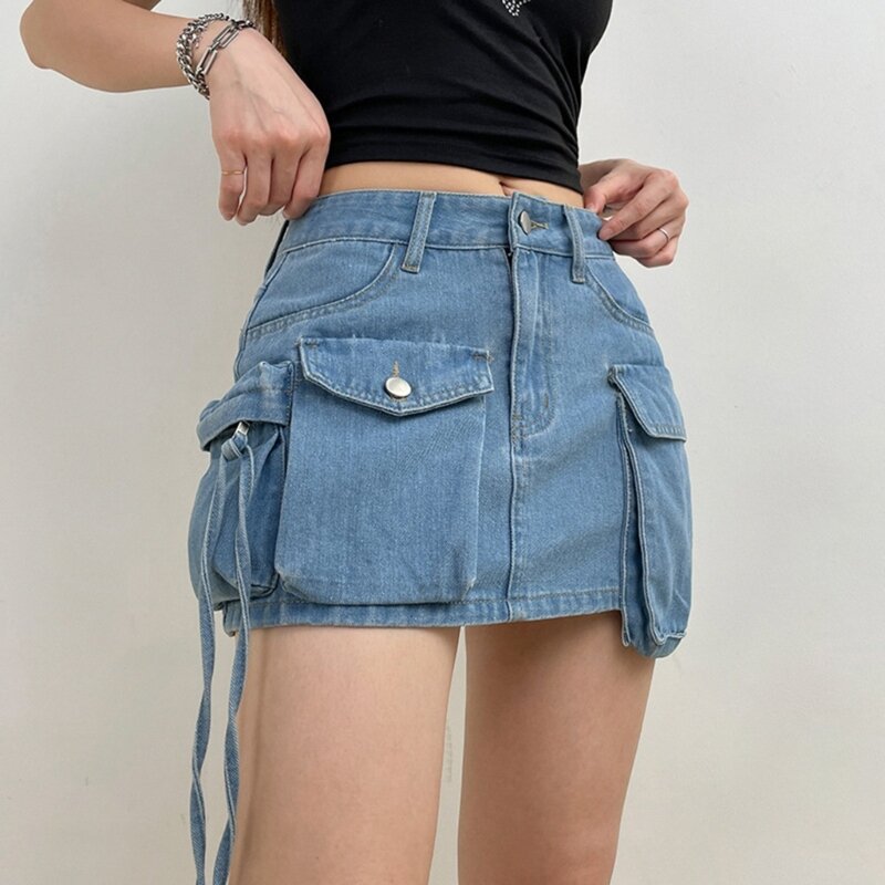 Rok Jeans Mini Tie Dye Slim-Fit Pinggang Tinggi Wanita dengan Saku Asimetris N7YD