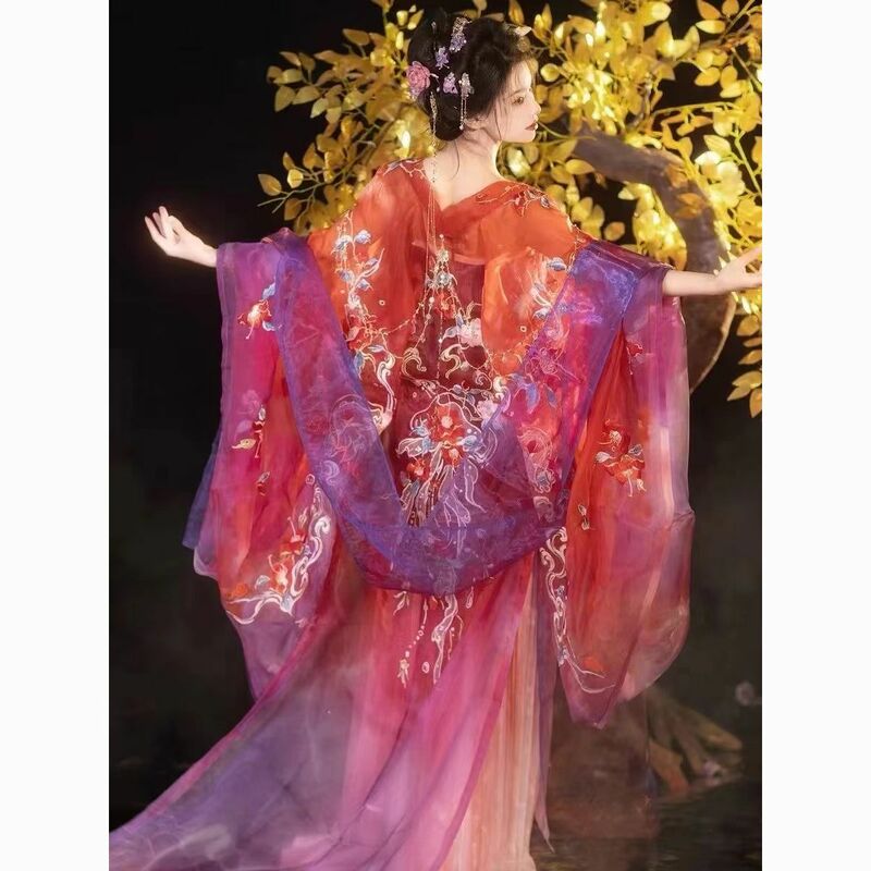 女性のためのhanfu刺繍プリーツスカートドレス、タングロングドレスビッグスリーブ、サマードレス、プライマリ色のグラデーション、中国の伝統的なスタイル