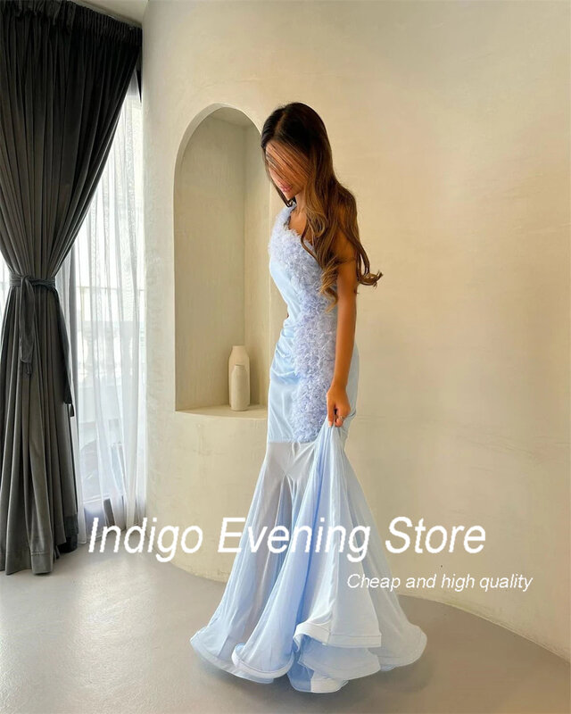 Gaun malam Indigo, gaun pesta Formal wanita ilusi putri duyung satu bahu panjang selantai untuk wanita 2024