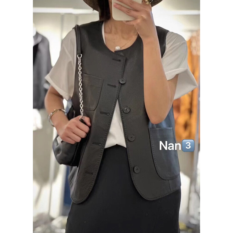 2023 천연 가죽 여성 조끼, 짧은 가죽 재킷, 한국 핏, 가을 신상