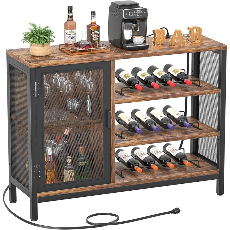 Homeeasy-armario de Bar de vino con tomas de corriente, barra de café Industrial para licor y vasos, armario de Bar de granja con