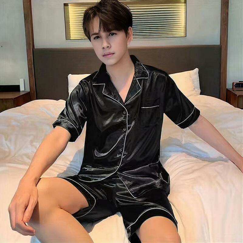 Conjunto de pijama de seda de peito único masculino, lapela, camisa manga curta, calção de cintura elástica, confortável, verão