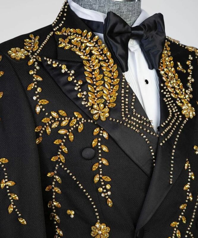 Luxury Crystals Black Men Suits Set 2 Piece Blazer+Pants Bridge Groom Wedding Tuxedo Double Breasted Custom Made Jacket Coat