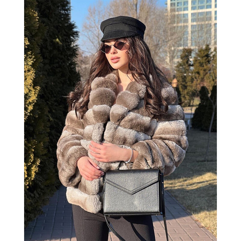 Natural Rex Rabbit Fur Jacket Real Fur Coat With Lapel Chinchilla Fur Women's Short Coat Genuine Fur Outerwear
