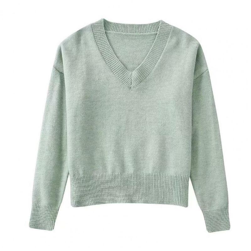 女性用長袖リブ編みセーター,Vネック,厚手の暖かいセーター,無地,ゆったりとしたセーター,婦人服