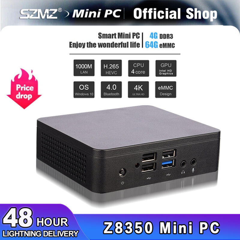 SZMZ 미니 PC 아톰 X5 Z8350 CPU 인텔 코어 프로세서 TV 박스, 4G 램, 64G SSD, 윈도우 10 지지대, 2.5 HDD, 1000Mbps 듀얼 출력, WIN10