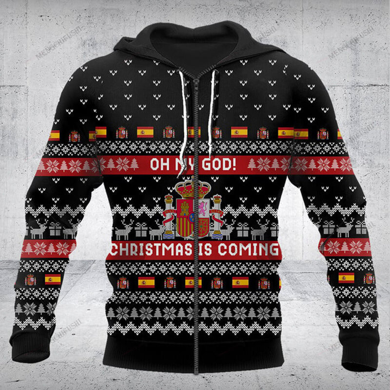 Custom Name Spain Emblem Christmas Zipper Hoodies Unisex Oversize Sweatshirts Winter Casual Streetwear Tops Pullover