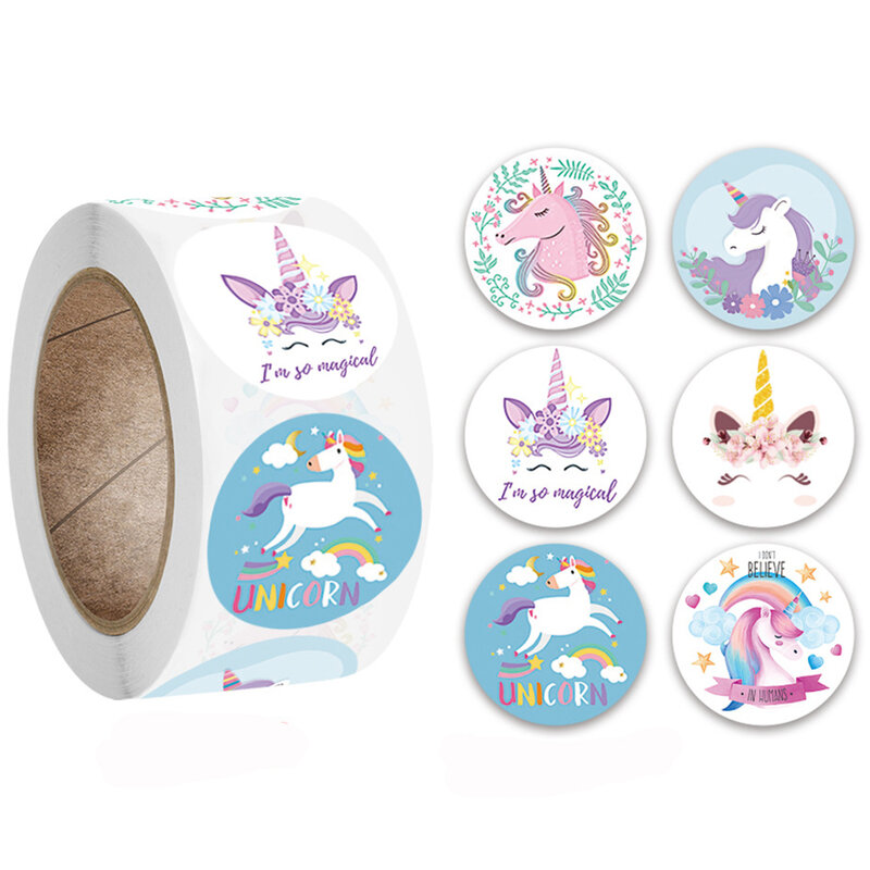 Pegatina de unicornio de dibujos animados para niños, etiqueta decorativa de recompensa para regalo, pegatinas de papelería para estudiantes, 100-500 piezas