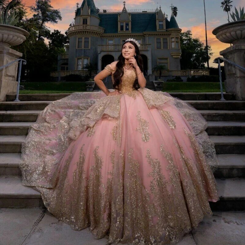 Lorencia Pink Ball Gown Quinceanera Dress 2024 Gold Lace Applique Princess Vestidos De XV 15 Años Birthday Sweet 16 Dress YQD496